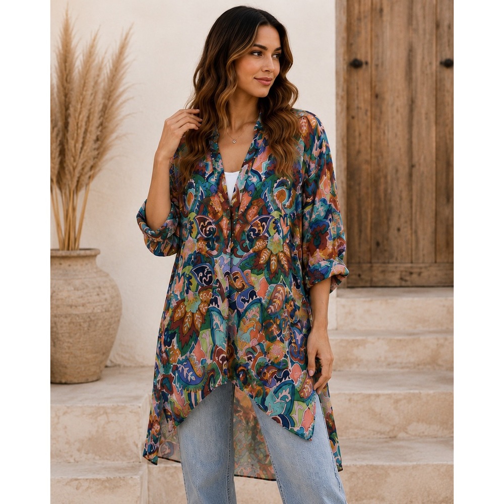 Johnny Was Kimono Robe Paisley Floral Multi-Color Cupra Rayon Bohemian Small